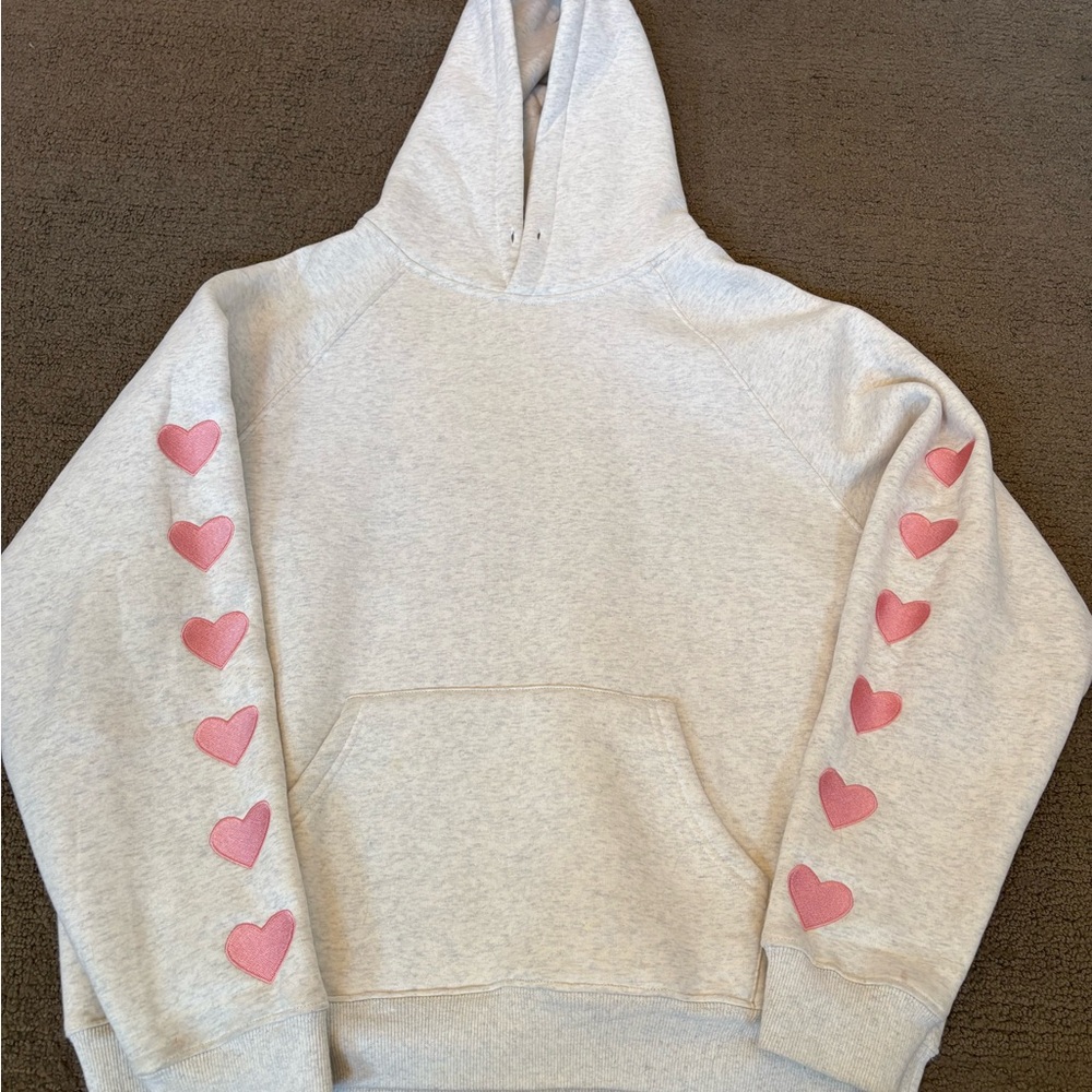 Dandy Gray Hoodie with Pink Embroidered Heart Sleeves